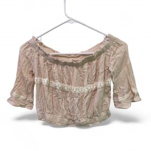 Alythea Tan Crop Blouse with Ruffled 3/4 Sleeves